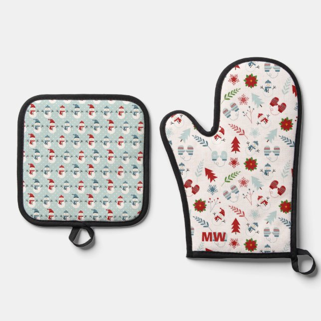 Cute Pastel Christmas Oven Mitt & Pot Holder Set (Front)