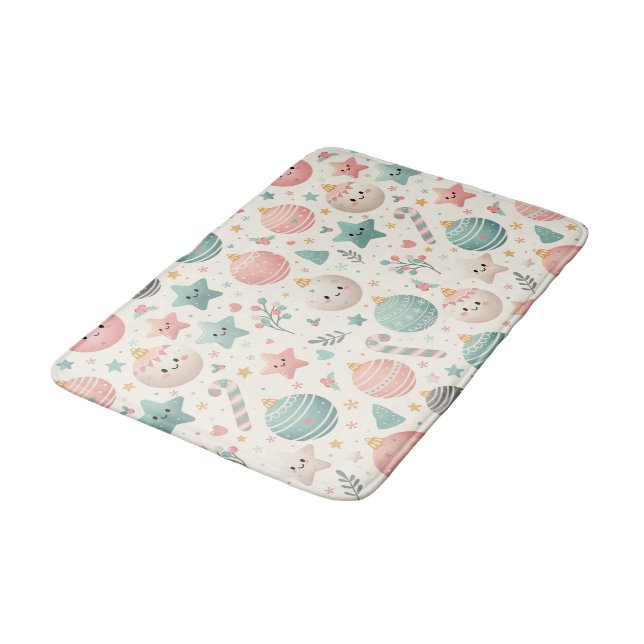 Cute Pastel Christmas Pattern Ornaments and Stars Bath Mat (Angled)