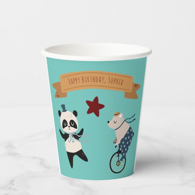Cute Pastel Circus Animal Birthday Paper Cups (Front)