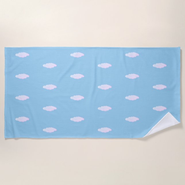 Cute pastel clouds on light sky blue beach towel (Front)