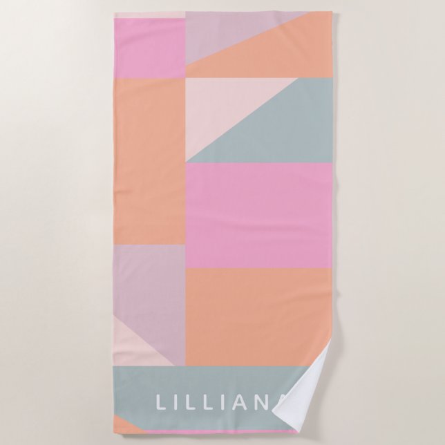Cute Pastel Colour Block Geometric Personalised Beach Towel (Front)