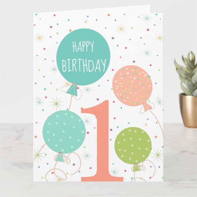 Cute Pastel Coloured Balloons  1st Birthday Card (Small Plant)