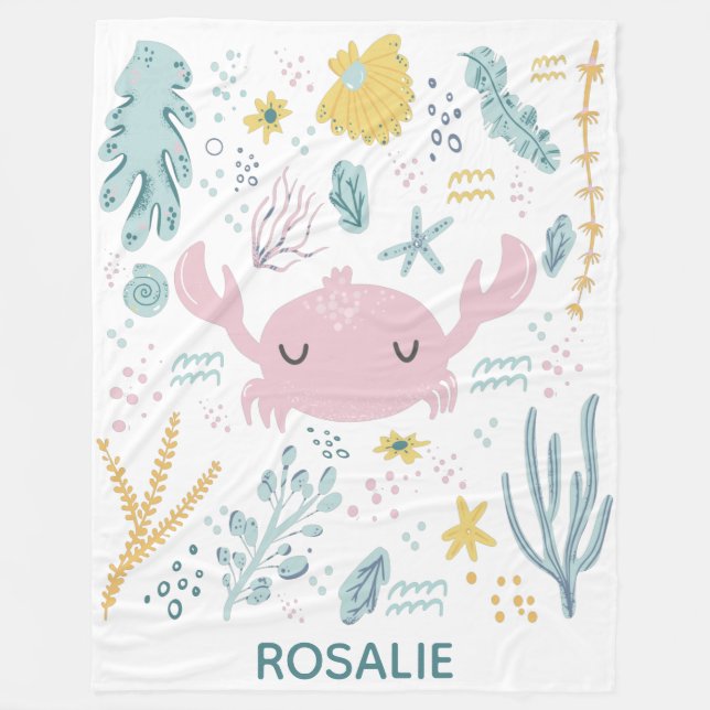 Cute Pastel Crab Underwater Scene Personalised Fleece Blanket (Front)