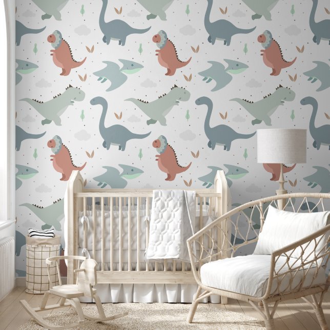 Cute Pastel Dinosaur Baby Nursery Peel & Stick Wallpaper (Kids)