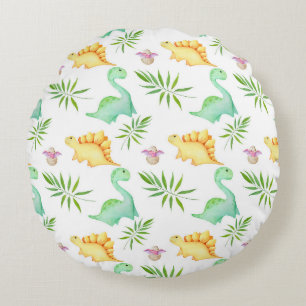 Cute Pastel Dinosaur & Palm Leaves Pattern Round Cushion