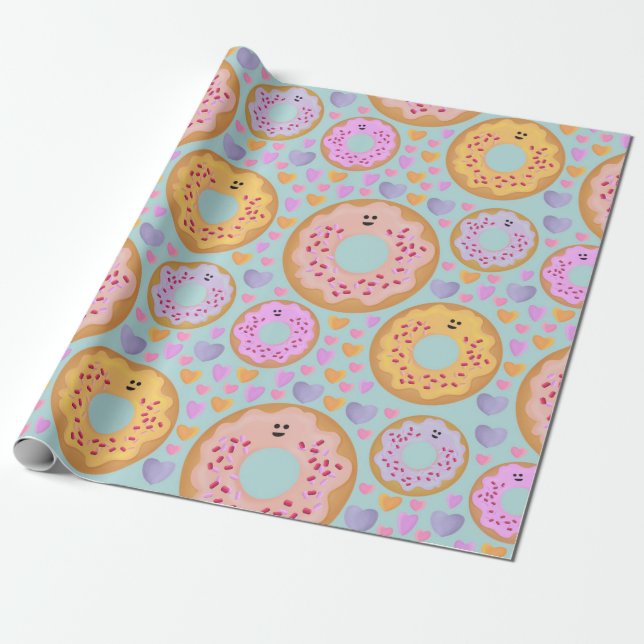 Cute Pastel Donuts & Hearts Wrapping Paper (Unrolled)