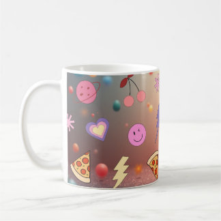 Cute Pastel Doodle Pattern Pizza Cherry Smiley Coffee Mug
