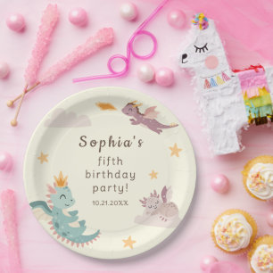Cute Pastel Dragon Kids Birthday Party Paper Plate