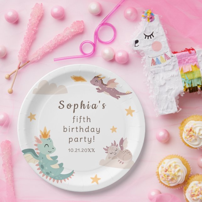 Cute Pastel Dragon Kids Birthday Party  Paper Plate (Party)