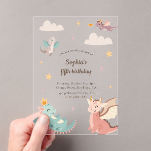Cute Pastel Dragons Kids Birthday Party Acrylic Invitations