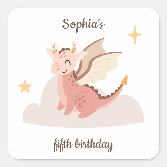 Cute Pastel Dragons Kids Birthday  Square Sticker (Front)
