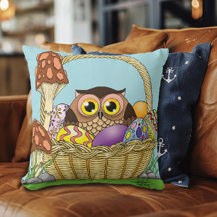 Cute Pastel Easter Basket Owl Eggs Mushrooms Cushion