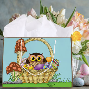 Cute Pastel Easter Basket Owl Eggs Mushrooms Large Gift Bag