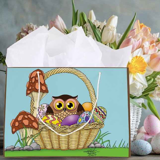 Cute Pastel Easter Basket Owl Eggs Mushrooms Large Gift Bag (Creator Uploaded)