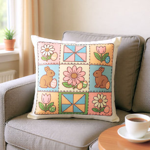 Cute Pastel Easter Bunny Flower Patchwork  Cushion