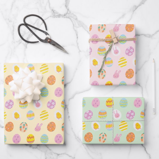Cute Pastel Easter Eggs Pattern Green Yellow Pink Wrapping Paper Sheet (Front)