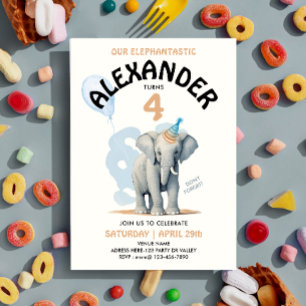 Cute Pastel Elephant Boy Watercolor Birthday Party Invitation
