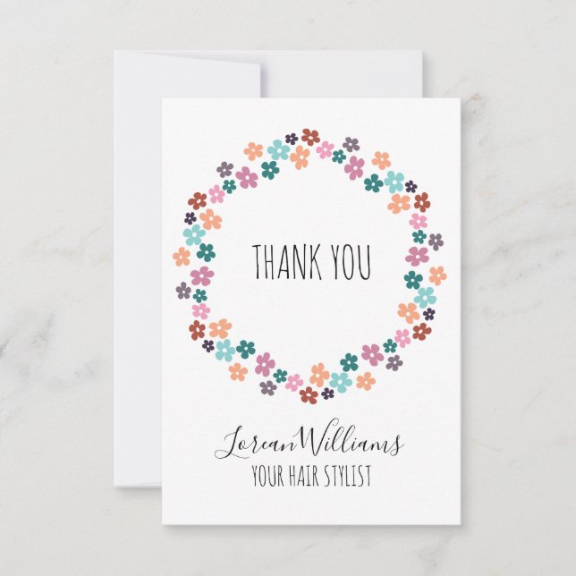 Cute Pastel Floral Hair Stylist Flower Wreath Thank You Card (Front)