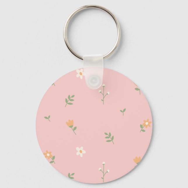 Cute Pastel Floral Pattern on Pink Background Key Ring (Front)