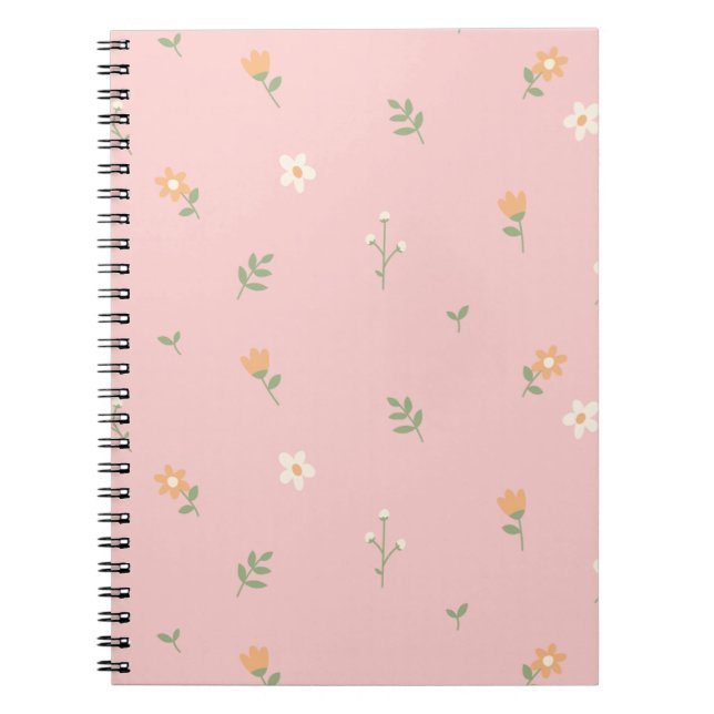 Cute Pastel Floral Pattern on Pink Background Notebook (Front)