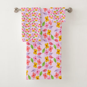 Cute Pastel Floral Pattern Soft Pink Girly Bath Towel Set