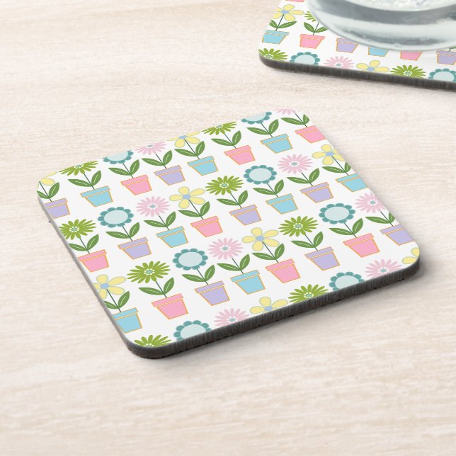 Cute Pastel Flower Pots Pattern Coaster (Left Side)