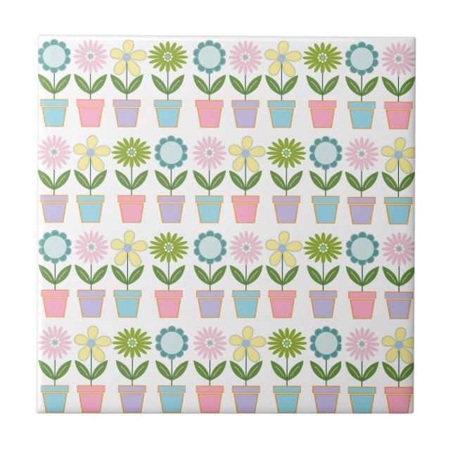 Cute Pastel Flower Pots Pattern Tile (Front)