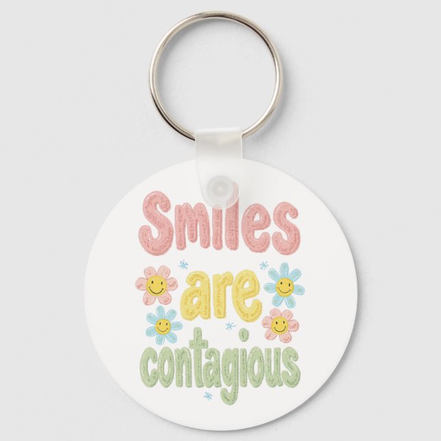 Cute Pastel Flower Smiles Are Contagious Key Ring (Front)