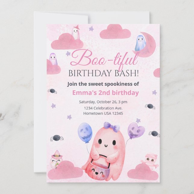 Cute Pastel Ghost Halloween Birthday Invitation (Front)