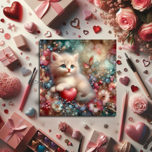 Cute Pastel Glitter Flowers And Kitten Valentine  Holiday Card (Creator Uploaded)