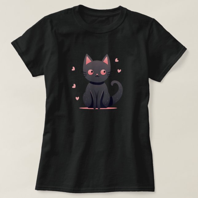 Cute Pastel Goth Black Cat with Pink Hearts Tee (Design Front)