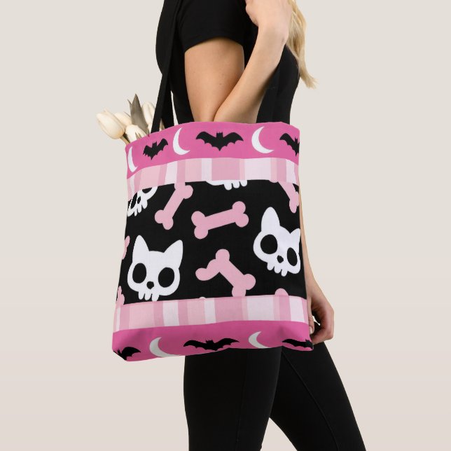 Cute Pastel Goth Halloween Cat & Bat  Tote Bag (Close Up)