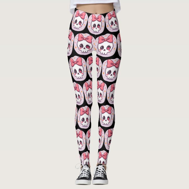 Cute Pastel Goth Skull with Bow Leggings (Front)