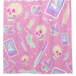 Cute Pastel Goth Witchy Pattern with Skulls, Cryst Shower Curtain