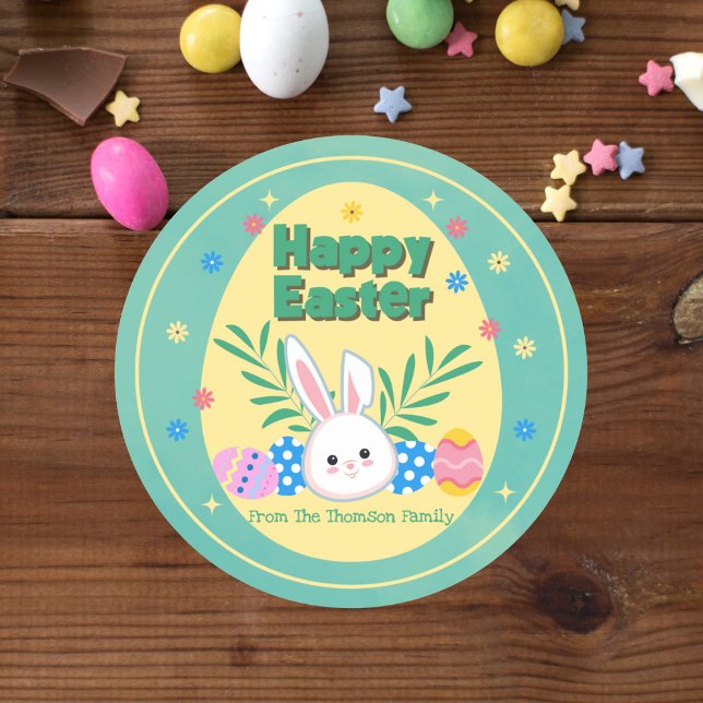 Cute Pastel Green Yellow Bunny Happy Easter  Classic Round Sticker (Creator Uploaded)