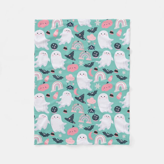 Cute Pastel Halloween Ghosts Pattern Fleece Blanket (Front)