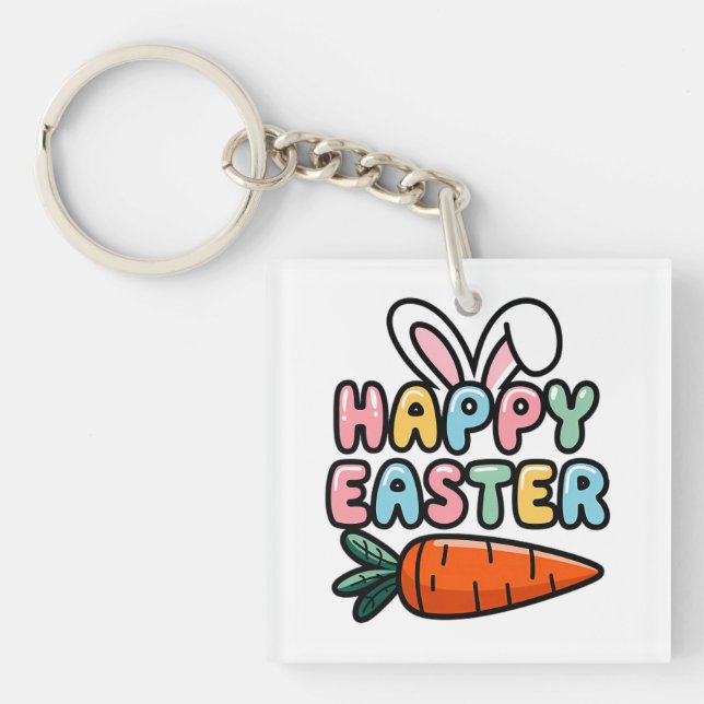 Cute Pastel Happy Easter Bunny Ears with Carrot Key Ring (Front)
