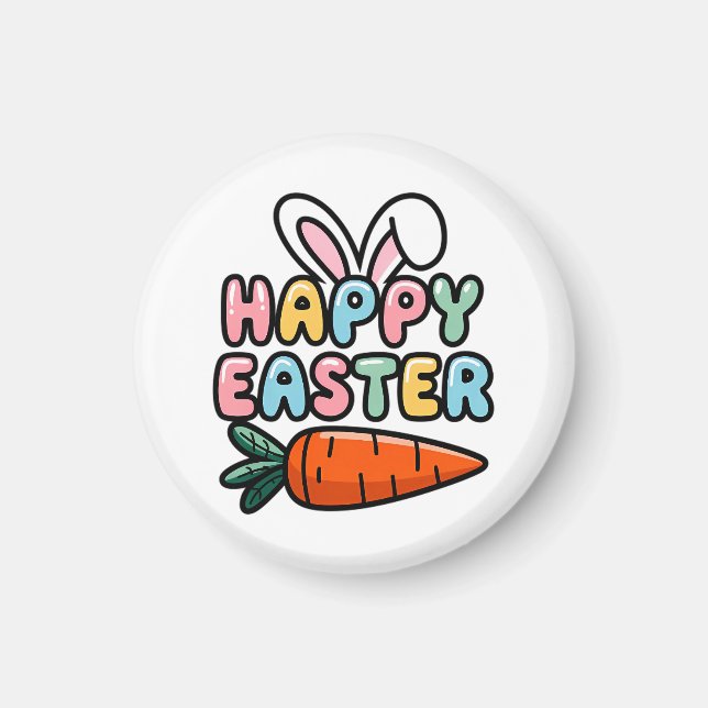 Cute Pastel Happy Easter Bunny Ears with Carrot Magnet (Front)
