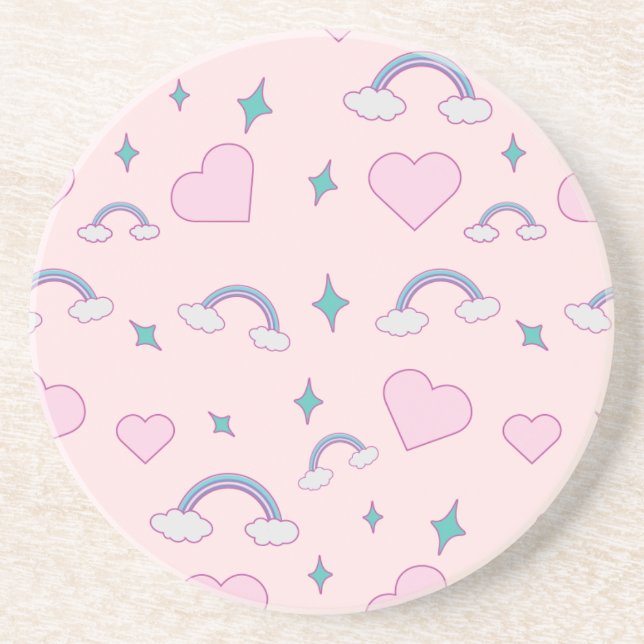 Cute Pastel Hearts & Rainbow Pattern | Kawaii Pink Coaster (Front)