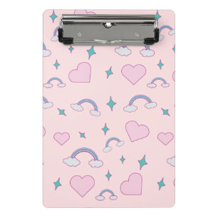 Cute Pastel Hearts & Rainbow Pattern Kawaii Pink Mini Clipboard