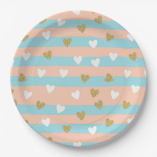 Cute Pastel Hearts Stripe with Shimmering Gold Paper Plate