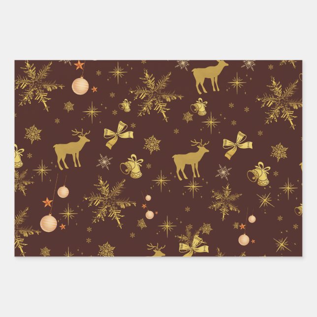 Cute Pastel Holiday Wrapping Paper with Gold Snow (Front)