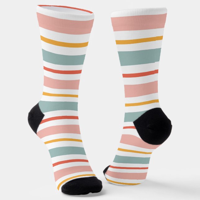 Cute Pastel Horizontal Stripes Boho Pink Teal Yell Socks (Angled)