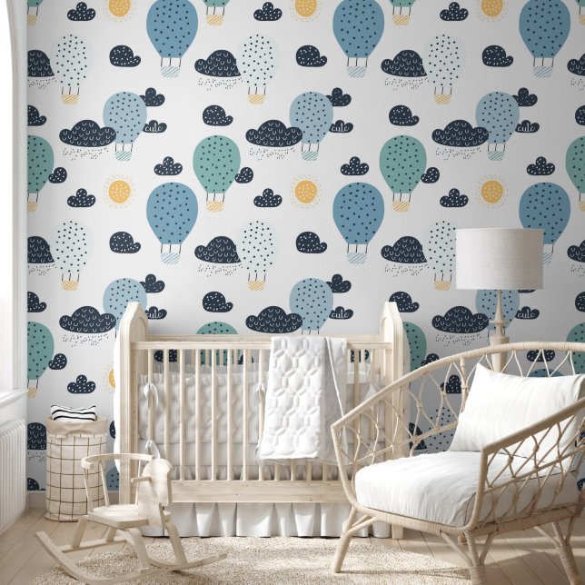 Cute Pastel Hot Air Balloon In Clouds Boys Nursery Wallpaper (Kids)