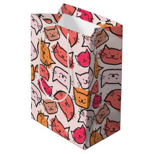 Cute Pastel, Hot Pink & Orange Hand Drawn Cat Face Medium Gift Bag