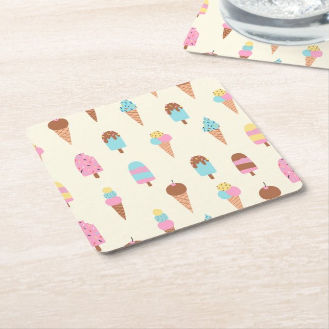 Cute Pastel Ice Cream Sweets Pattern Square Paper Coaster (Angled)