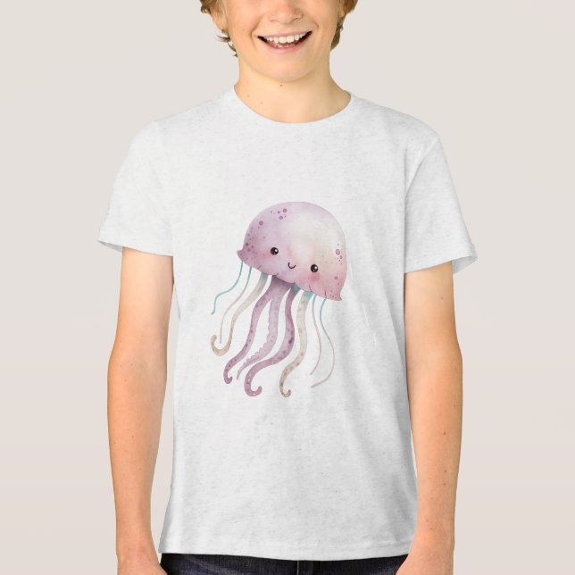 Cute Pastel Jellyfish Watercolor Illustration Tri-Blend Shirt (Front)