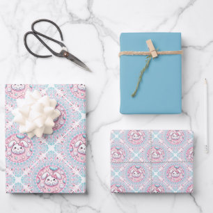 Cute Pastel Kawaii Bunny Dot Mandala Diamond Tile Wrapping Paper Sheet