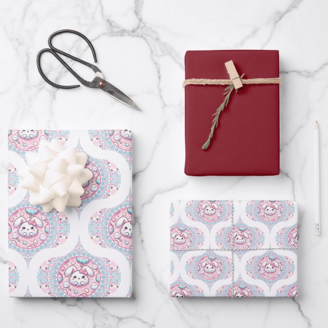 Cute Pastel Kawaii Bunny Dot Mandala Retro Ogee Wrapping Paper Sheet (Front)