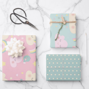 Cute Pastel Kawaii Clouds Rainbow Pattern Wrapping Paper Sheet
